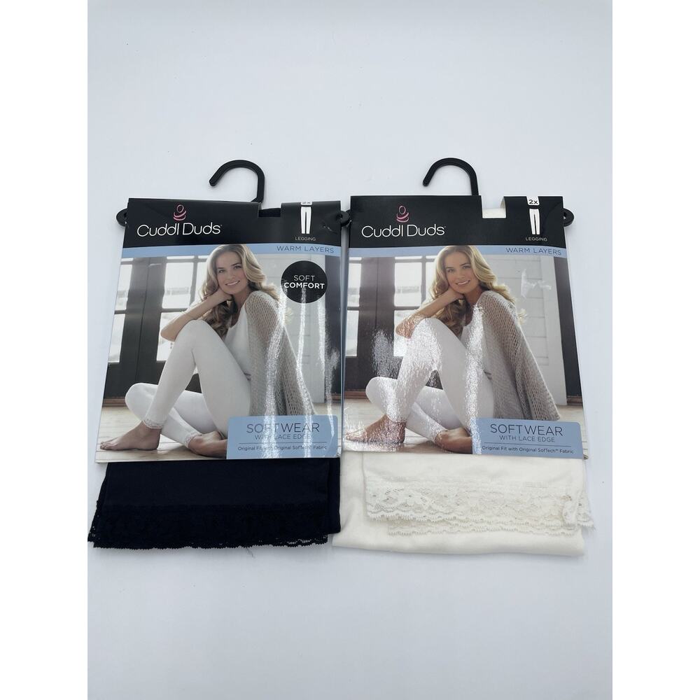 2 Pair Cuddl Duds SOFT WEAR STRETCH Warm Layers Leggings Womens 2X Black & White
